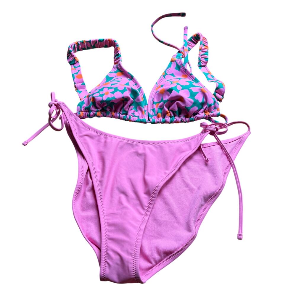 Wild Fable Large Pink Floral Retro Hippie Top & Bottom Bikini Swimsuit Set Green